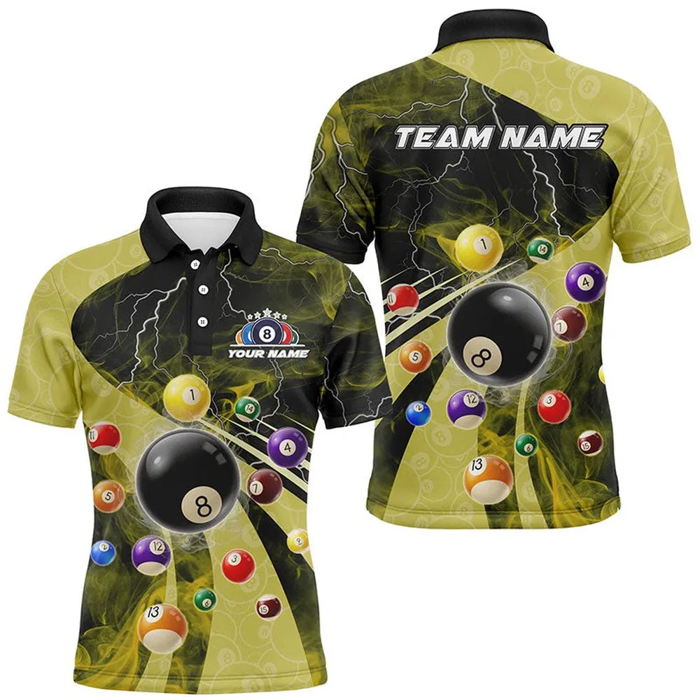 3D Billiard Balls Pool Shirts For Men Customized Lightning Billiard Jerseys Shorts Sleeve Yellow, Mens Polo Shirts, Billiards Gifts