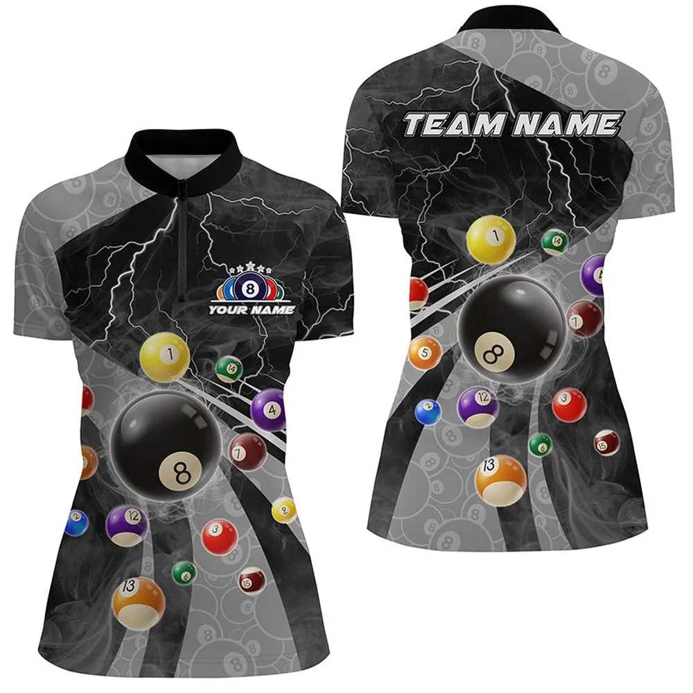 3D Billiard Balls Pool Shirts For Women Customized Lightning Billiard Jerseys Shorts Sleeve Grey, Custom Billiards Jerseys, Billiard Gifts