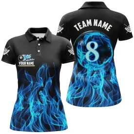 3D Blue Flaming 8 Ball Pool Magic Women Billiard Polo Shirts Custom Pool Player Shirts Jersey, Custom Billiards Jerseys, Billiard Gifts