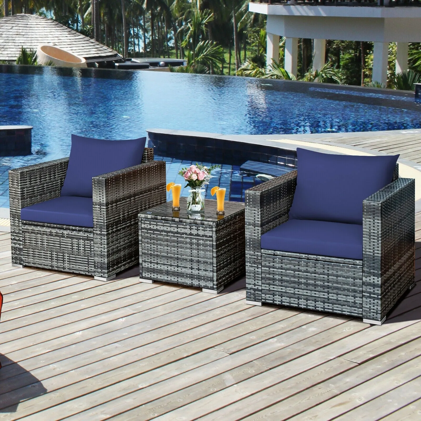 3pc Patio Rattan Furniture Sofa Set - Navy