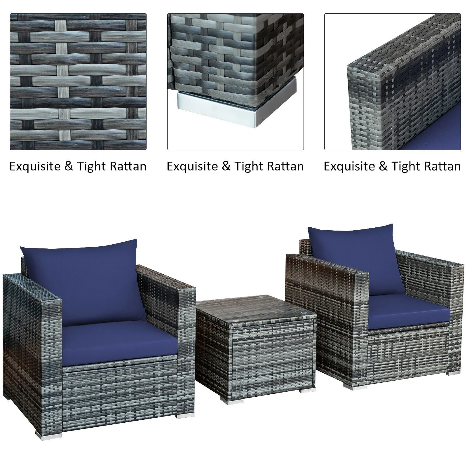 3pc Patio Rattan Furniture Sofa Set - Navy