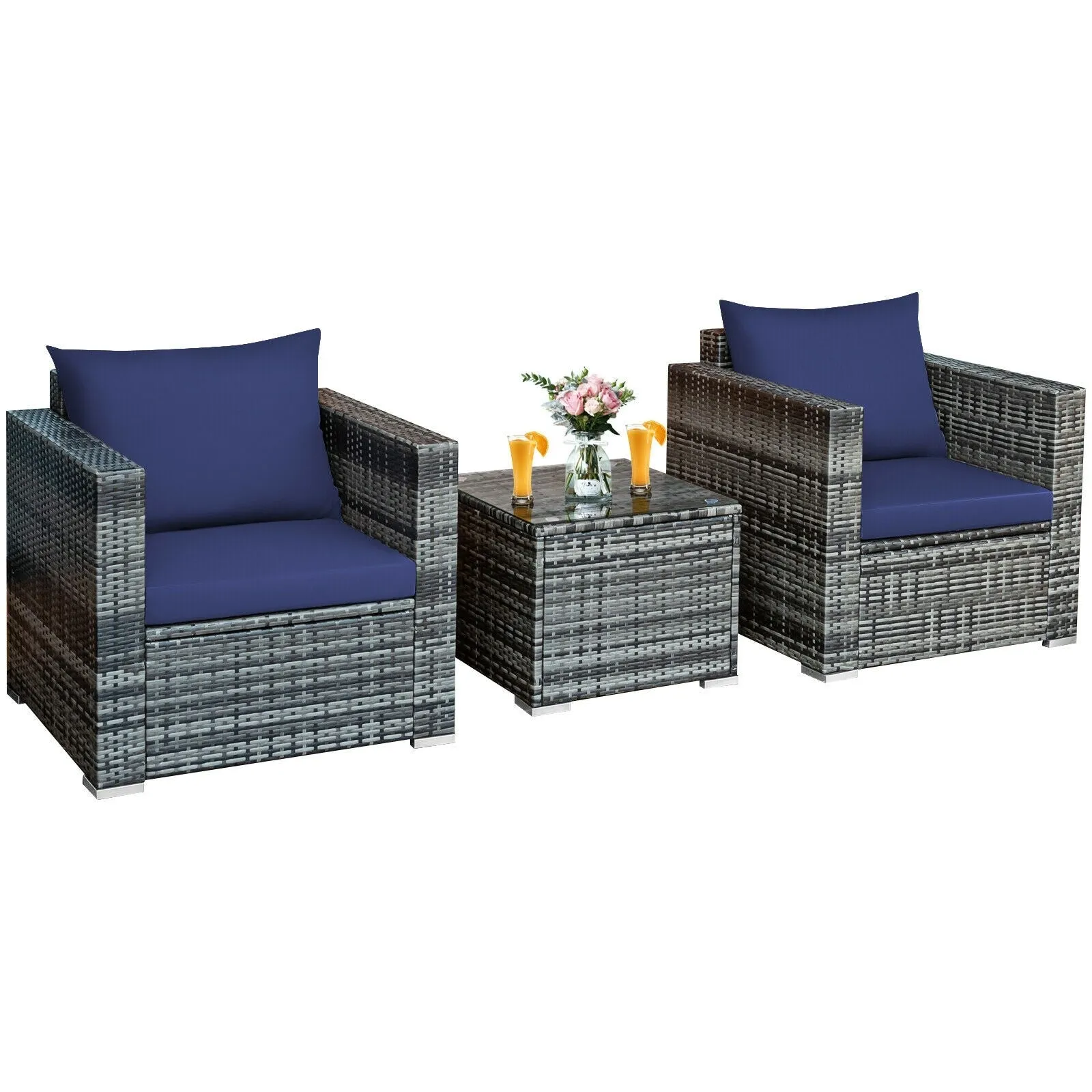 3pc Patio Rattan Furniture Sofa Set - Navy