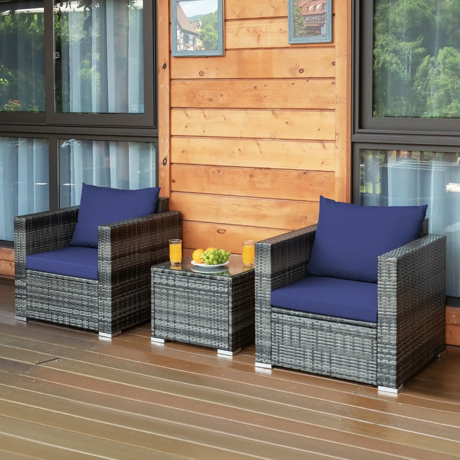 3pc Patio Rattan Furniture Sofa Set - Navy