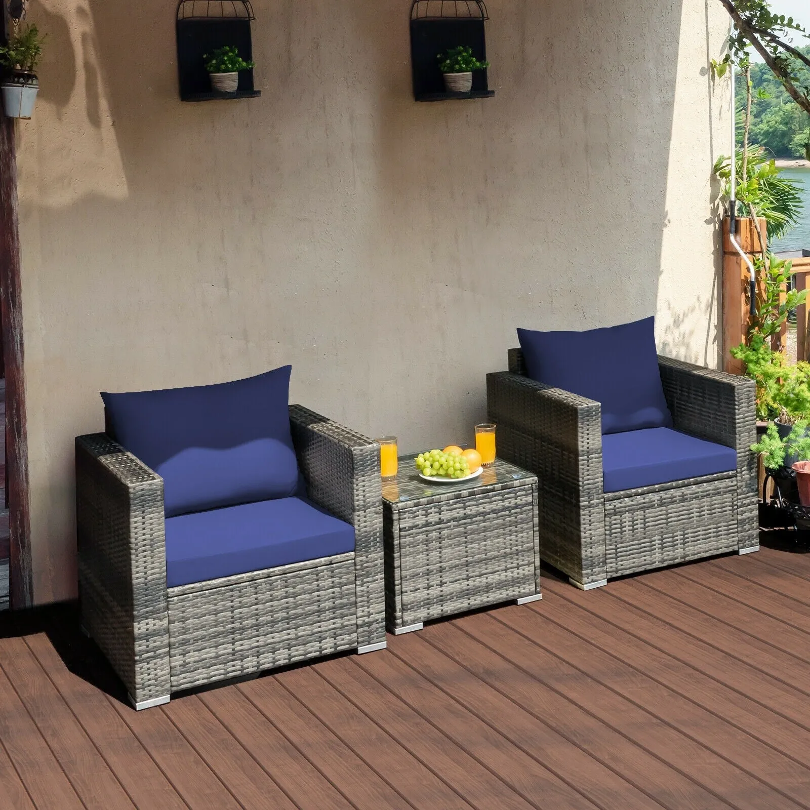 3pc Patio Rattan Furniture Sofa Set - Navy