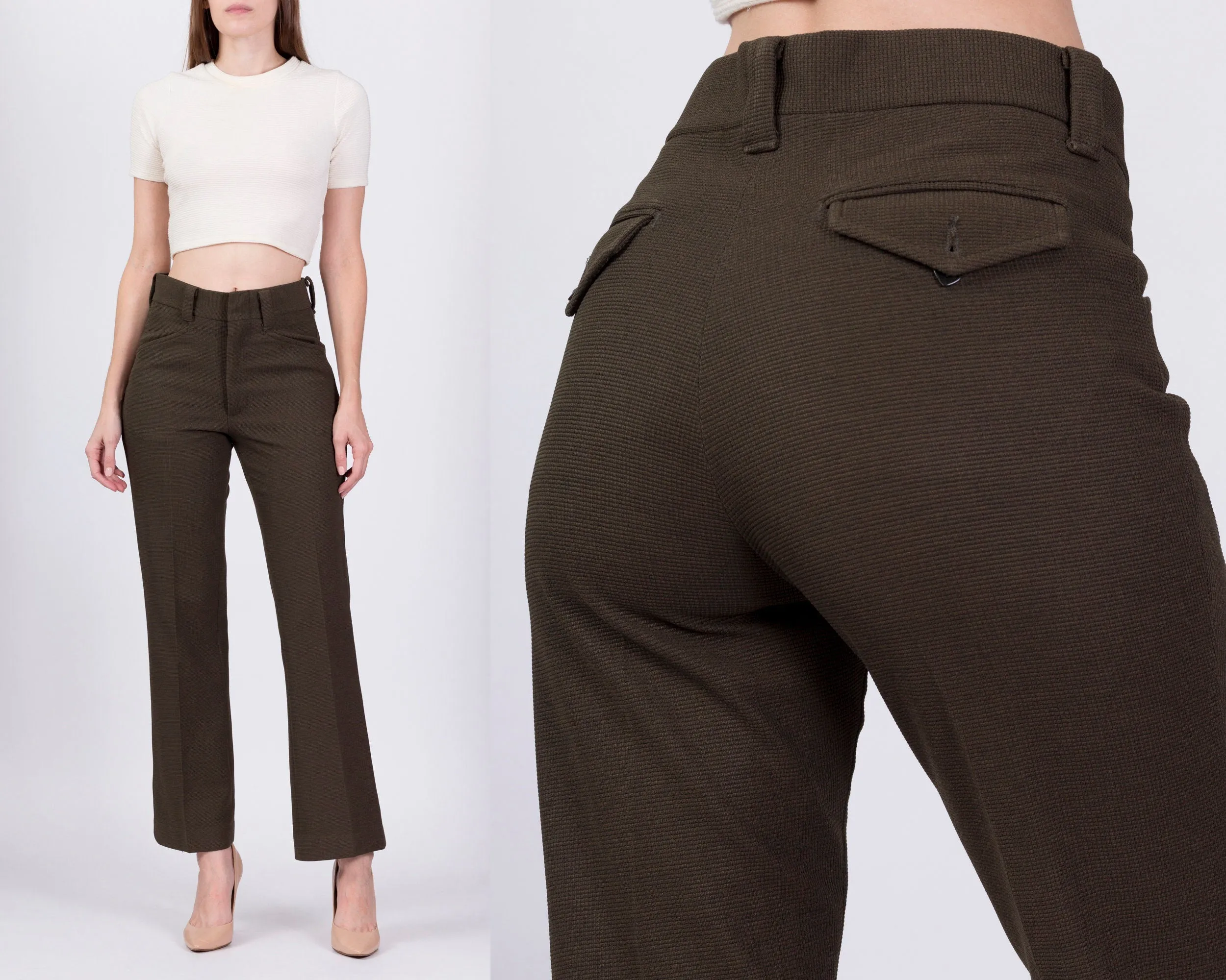 70s Olive Green Unisex High Waisted Trousers - 29" Waist