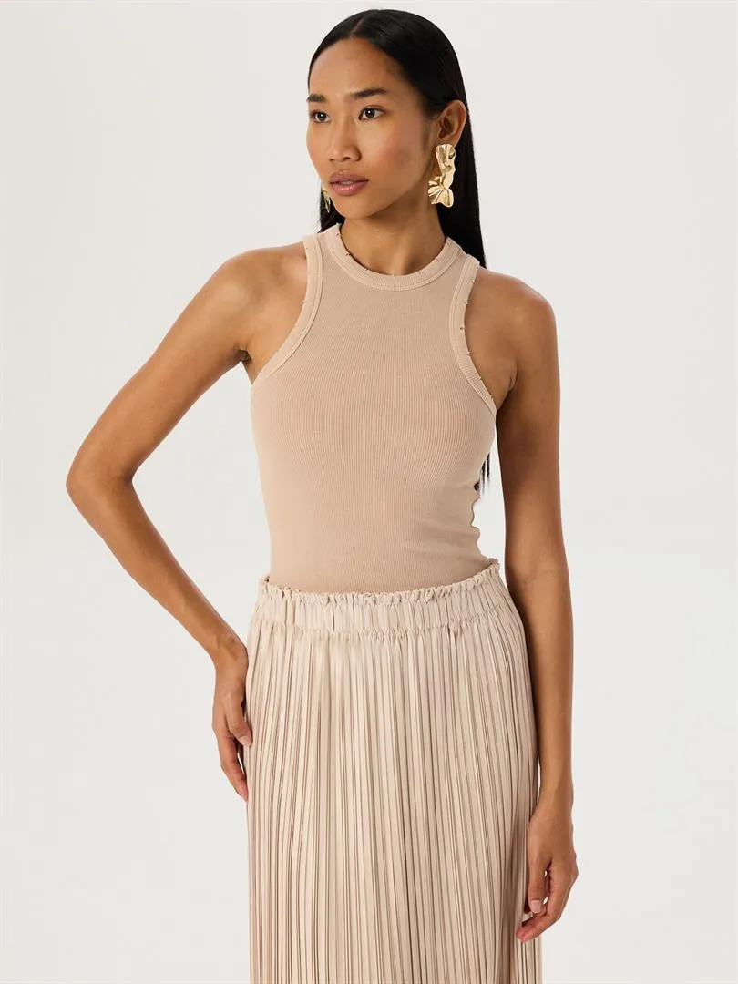 Aged Look Ribbed Swim Collar Tank - Beige