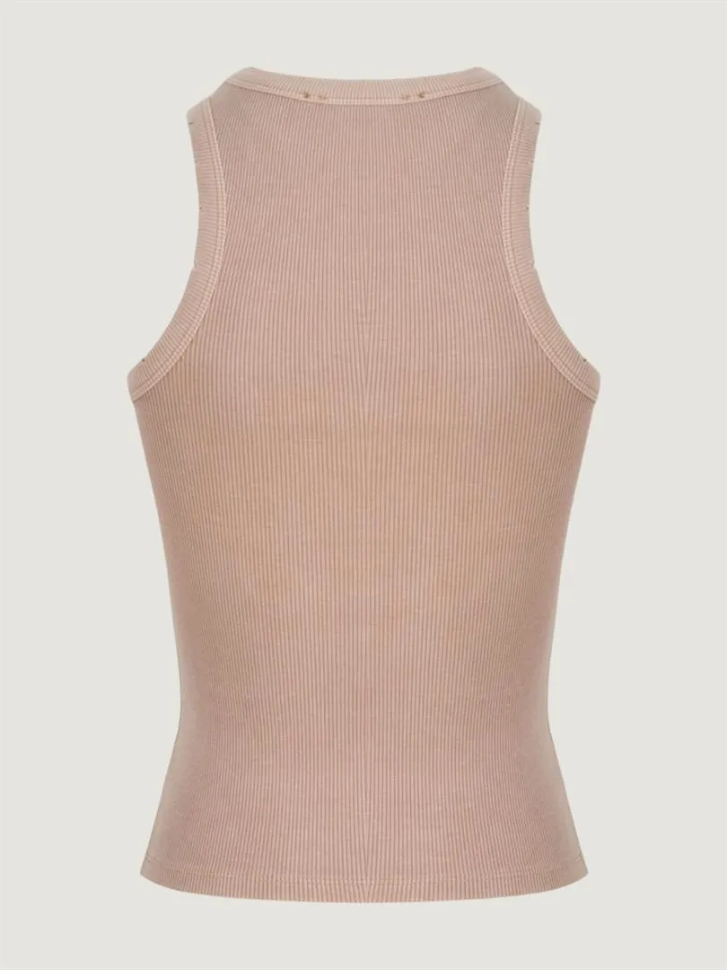 Aged Look Ribbed Swim Collar Tank - Beige