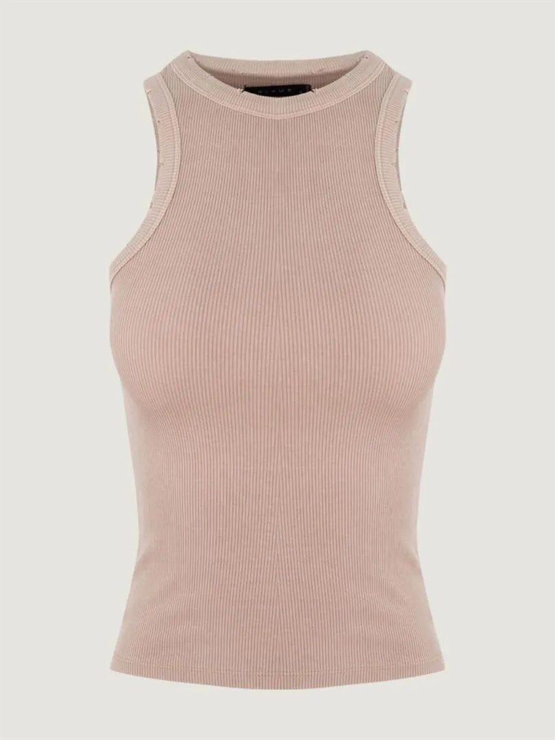 Aged Look Ribbed Swim Collar Tank - Beige