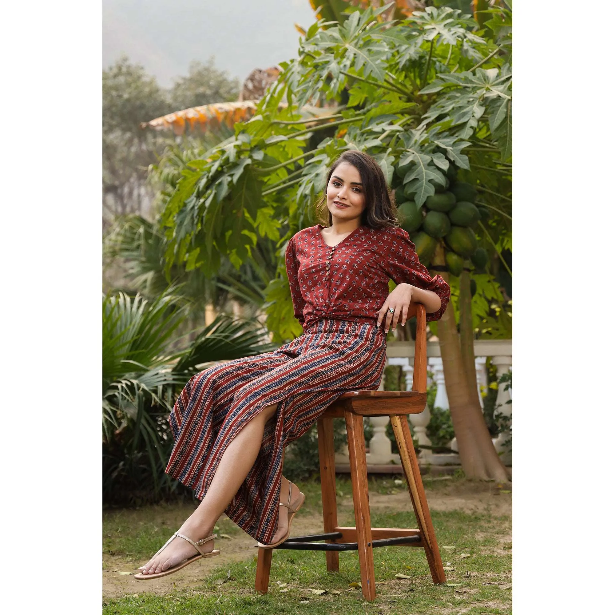 Ajrak with Stripes on Maroon Co-ordinate Set