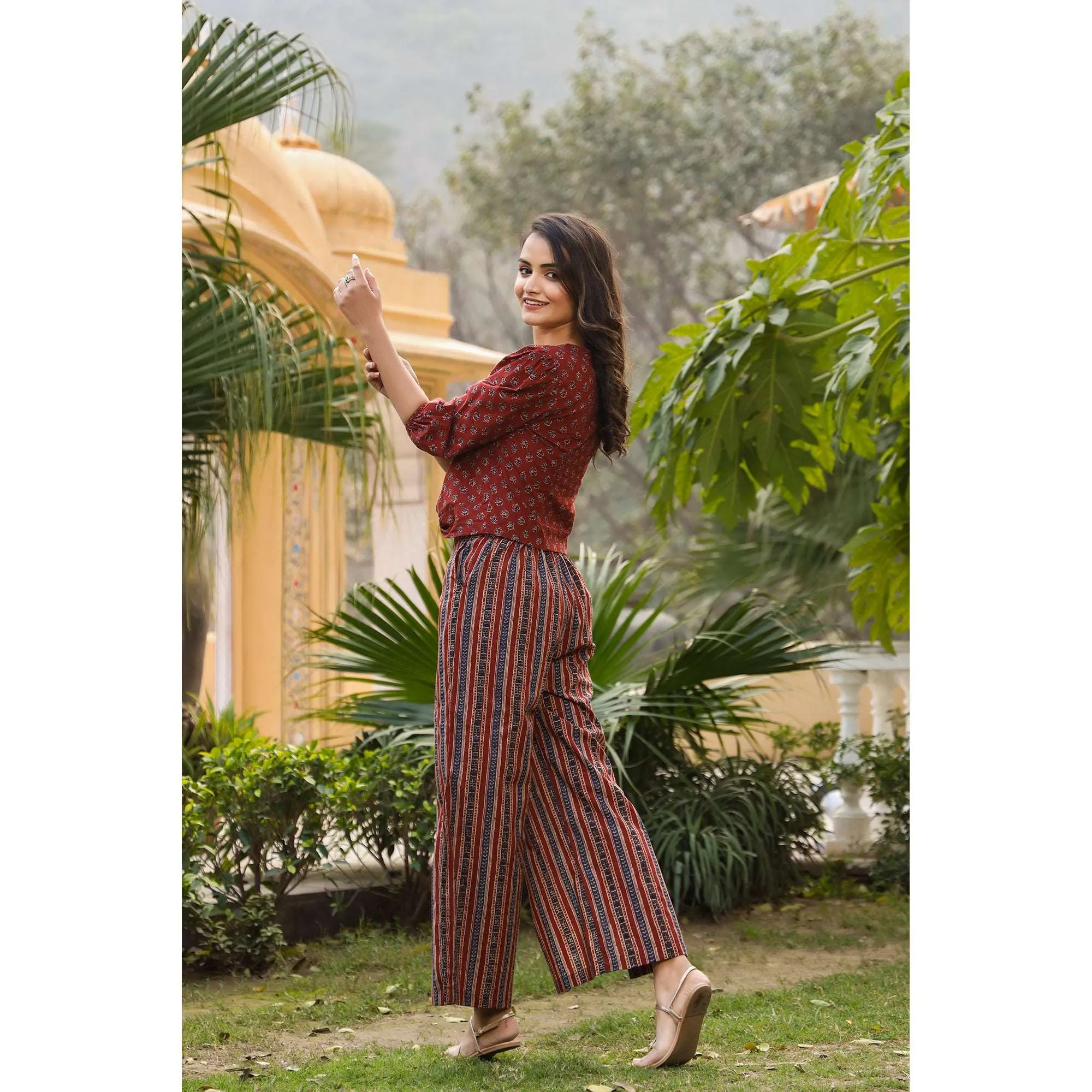 Ajrak with Stripes on Maroon Co-ordinate Set