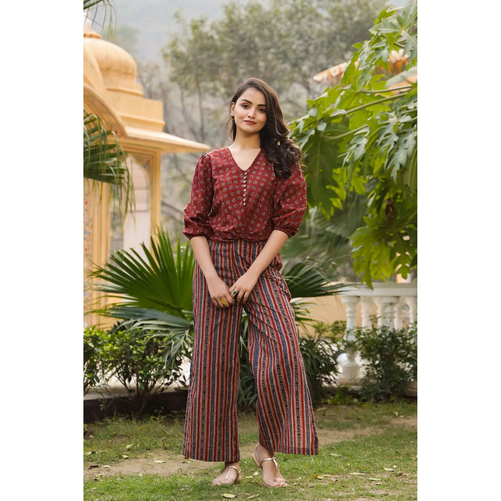 Ajrak with Stripes on Maroon Co-ordinate Set