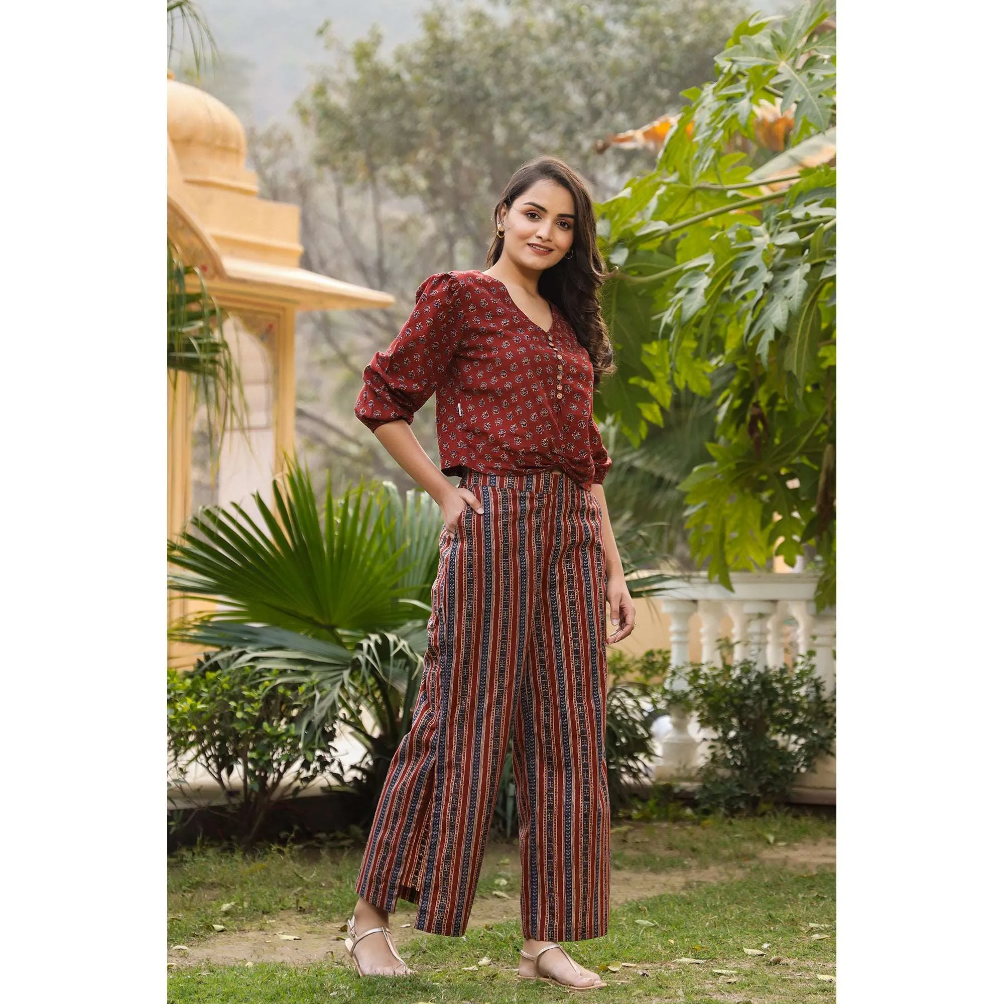 Ajrak with Stripes on Maroon Co-ordinate Set