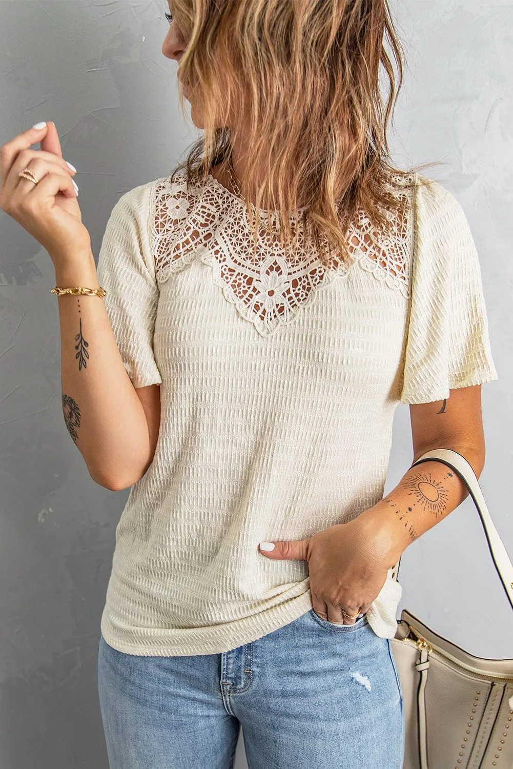 Apricot Crochet Lace Flutter Sleeve Top with Textured Print