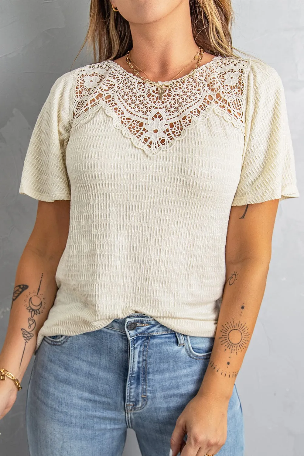 Apricot Crochet Lace Flutter Sleeve Top with Textured Print