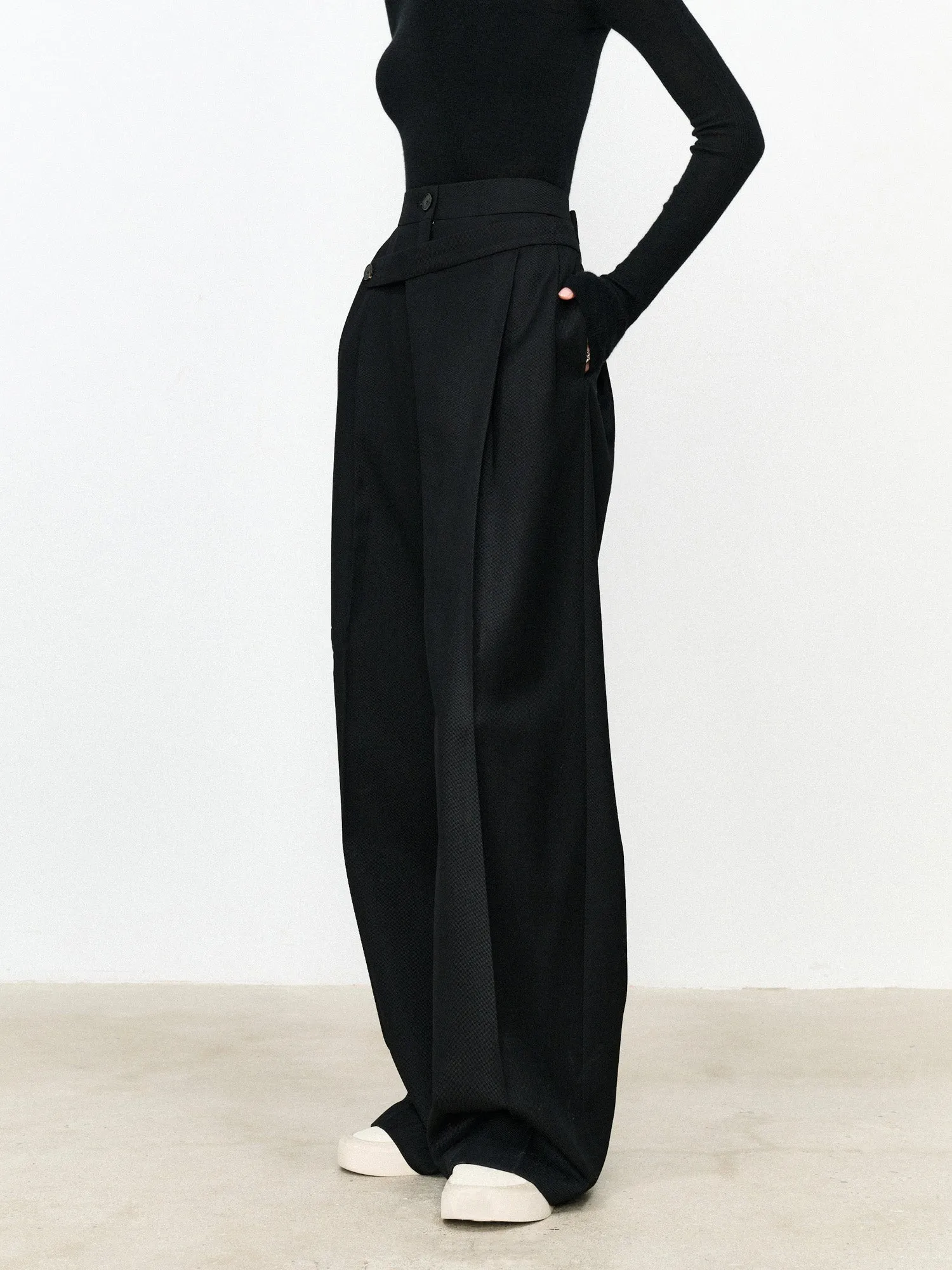 Asymmetric Layer Button Trendy Straight Leg Dress Pants