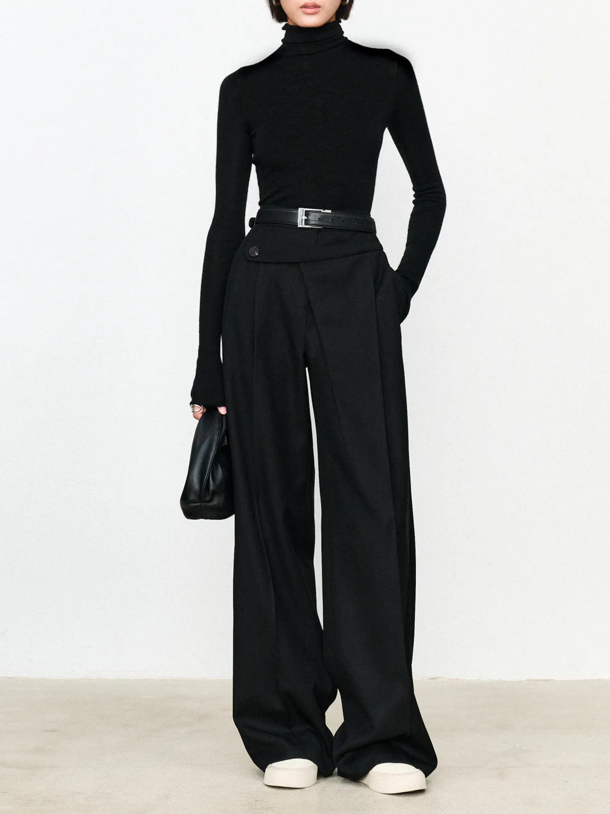 Asymmetric Layer Button Trendy Straight Leg Dress Pants