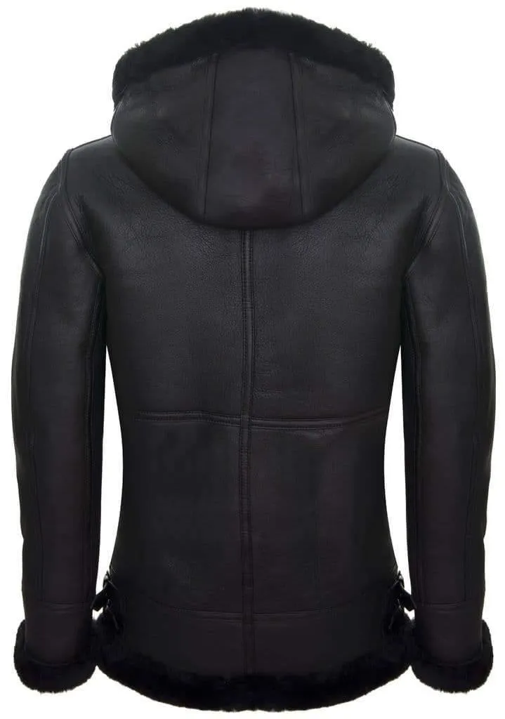 B3 Sheepskin Jacket with Detachable Hood in Black