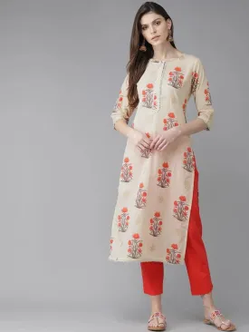 Beige Printed Cotton Kurta