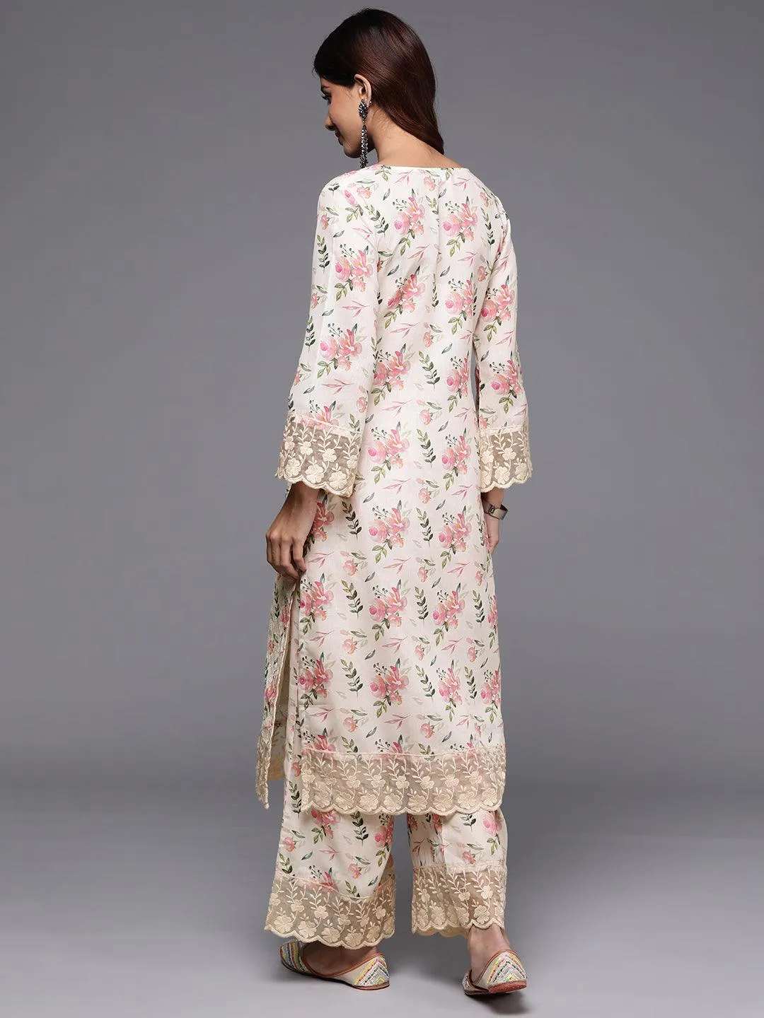 Beige Printed Cotton Straight Kurta Set