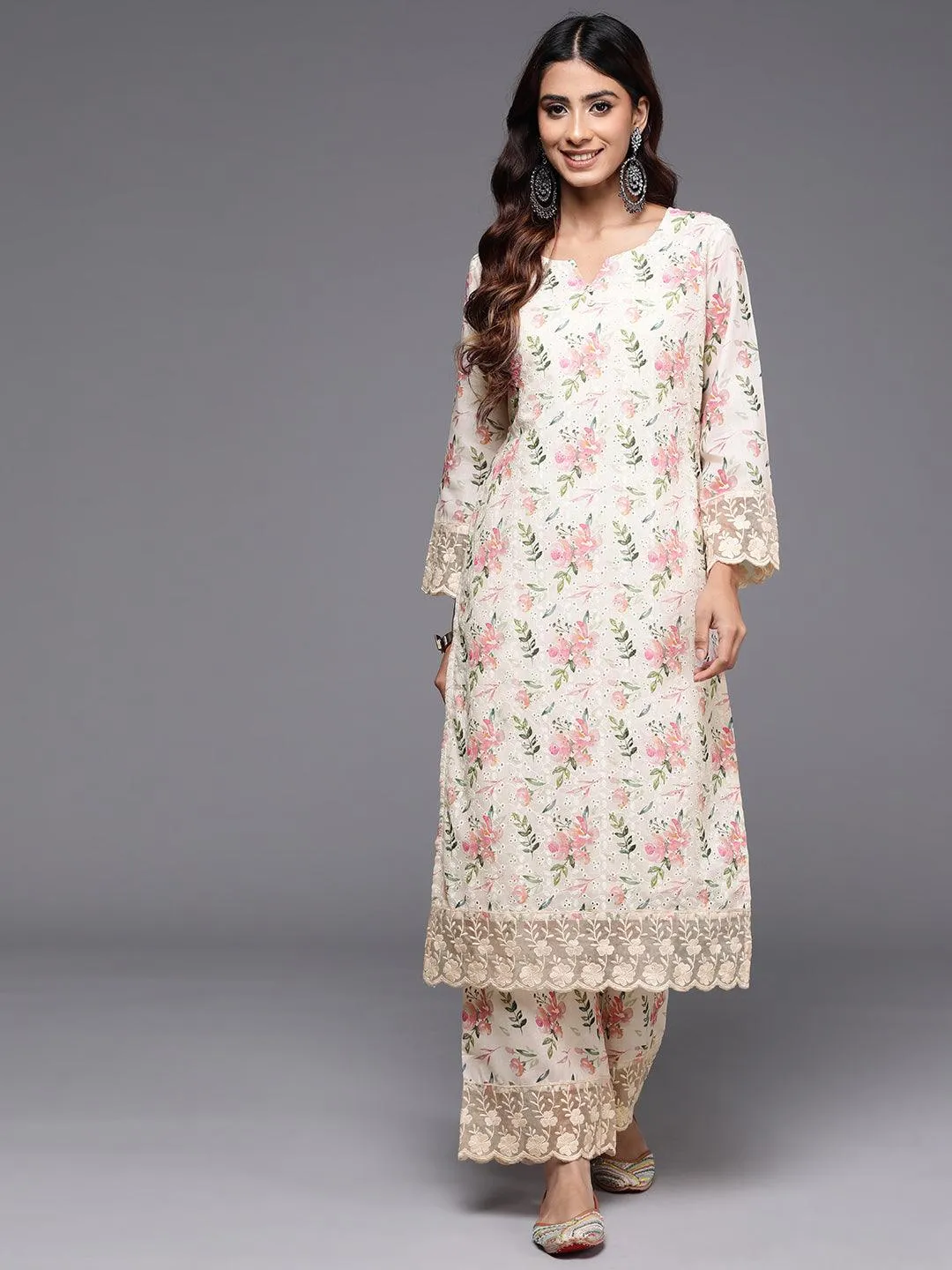 Beige Printed Cotton Straight Kurta Set