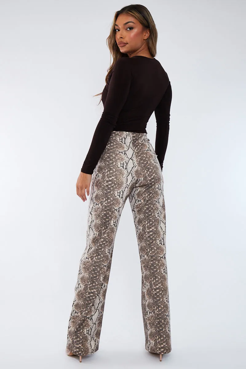 Beige PU Snake Print Leather Straight Leg Trousers - Jodie