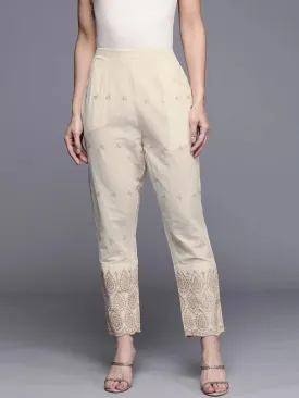 Beige Self Design Cotton Trousers