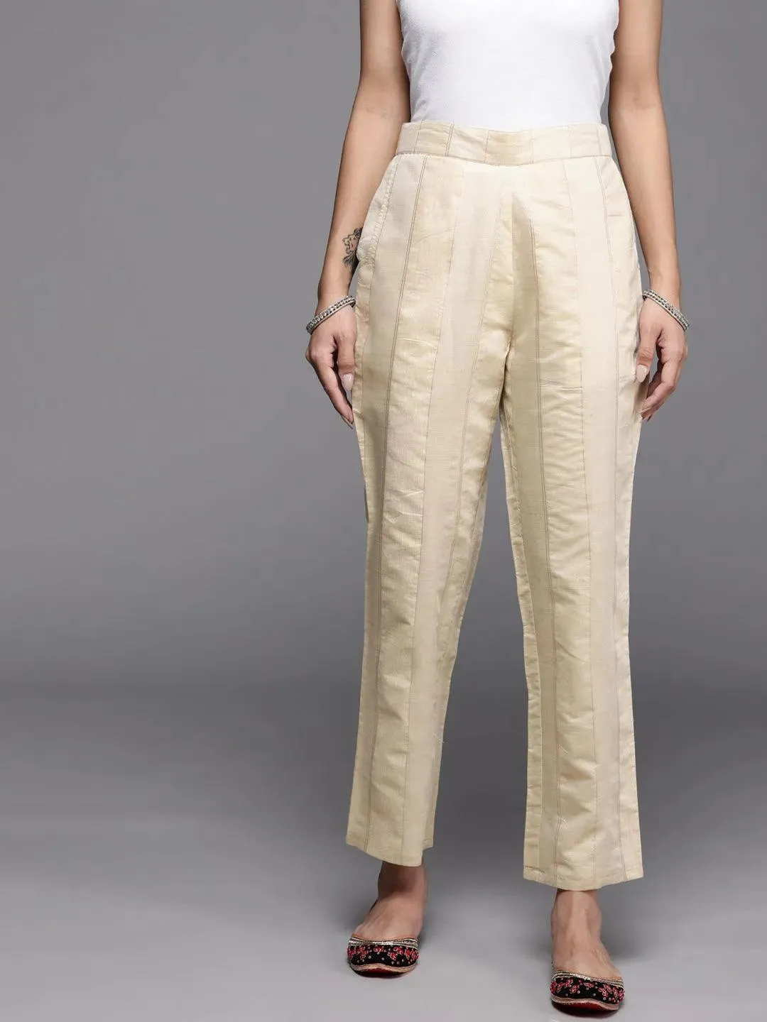 Beige Self Design Silk Trousers