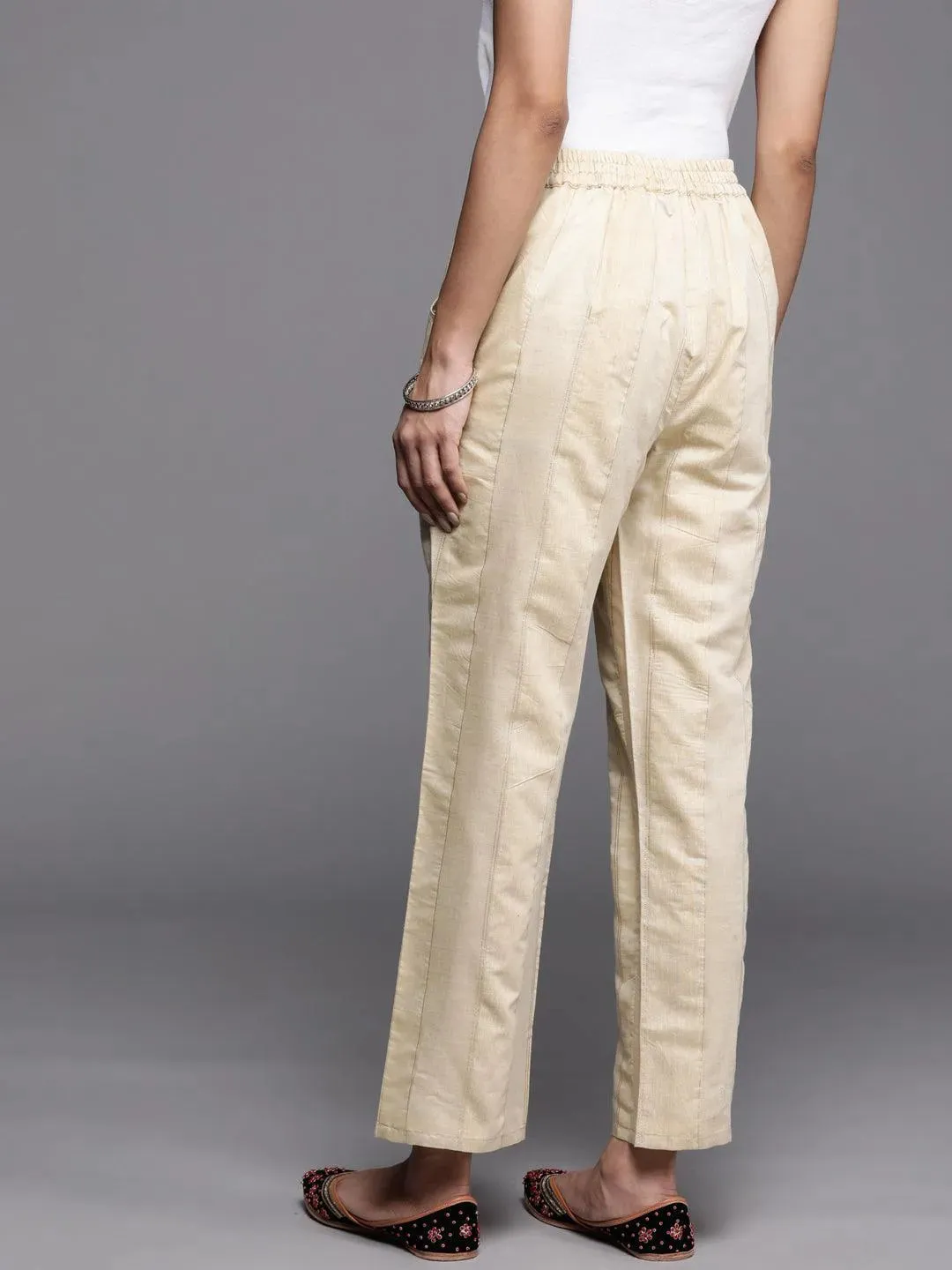 Beige Self Design Silk Trousers