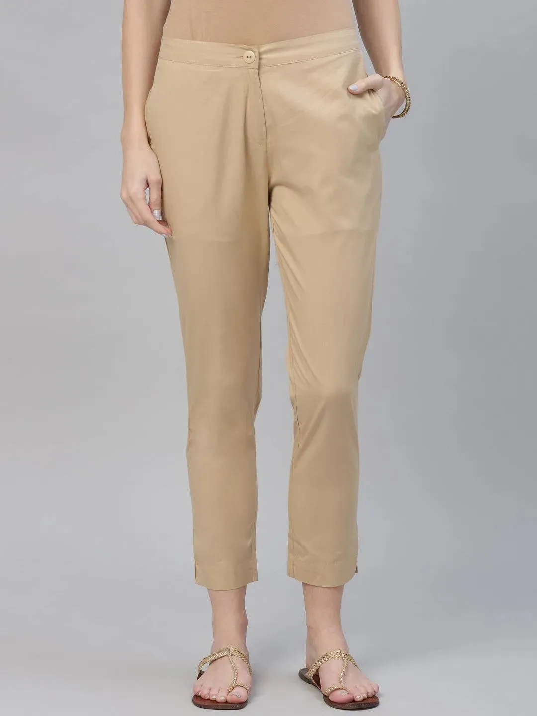 Beige Solid Cotton Trousers