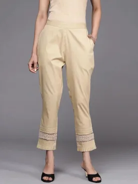 Beige Solid Cotton Trousers