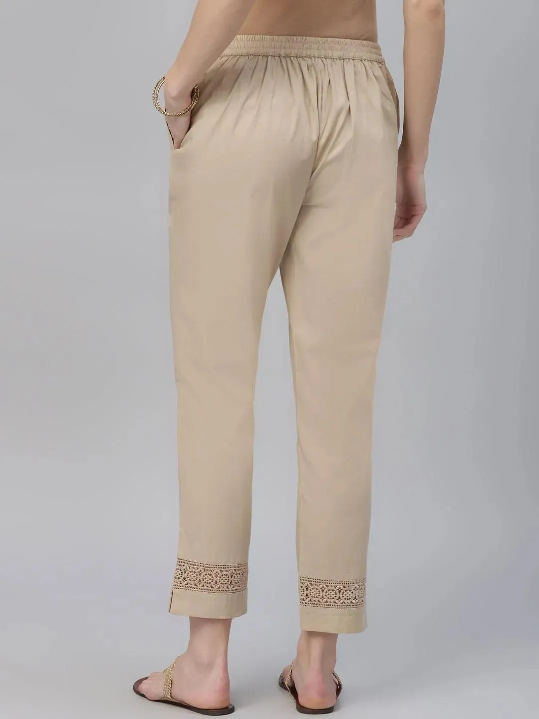 Beige Solid Cotton Trousers