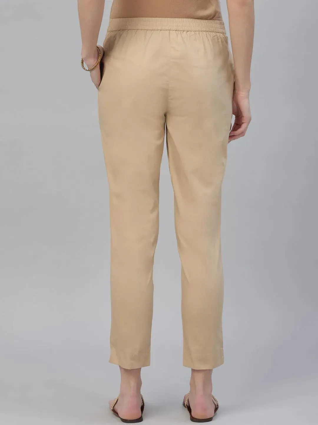 Beige Solid Cotton Trousers