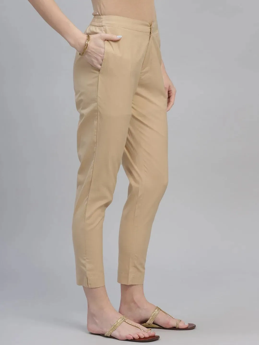 Beige Solid Cotton Trousers