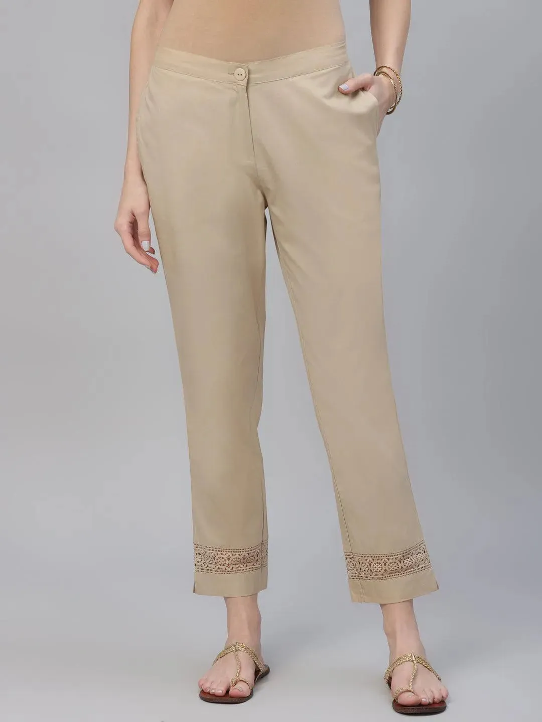 Beige Solid Cotton Trousers