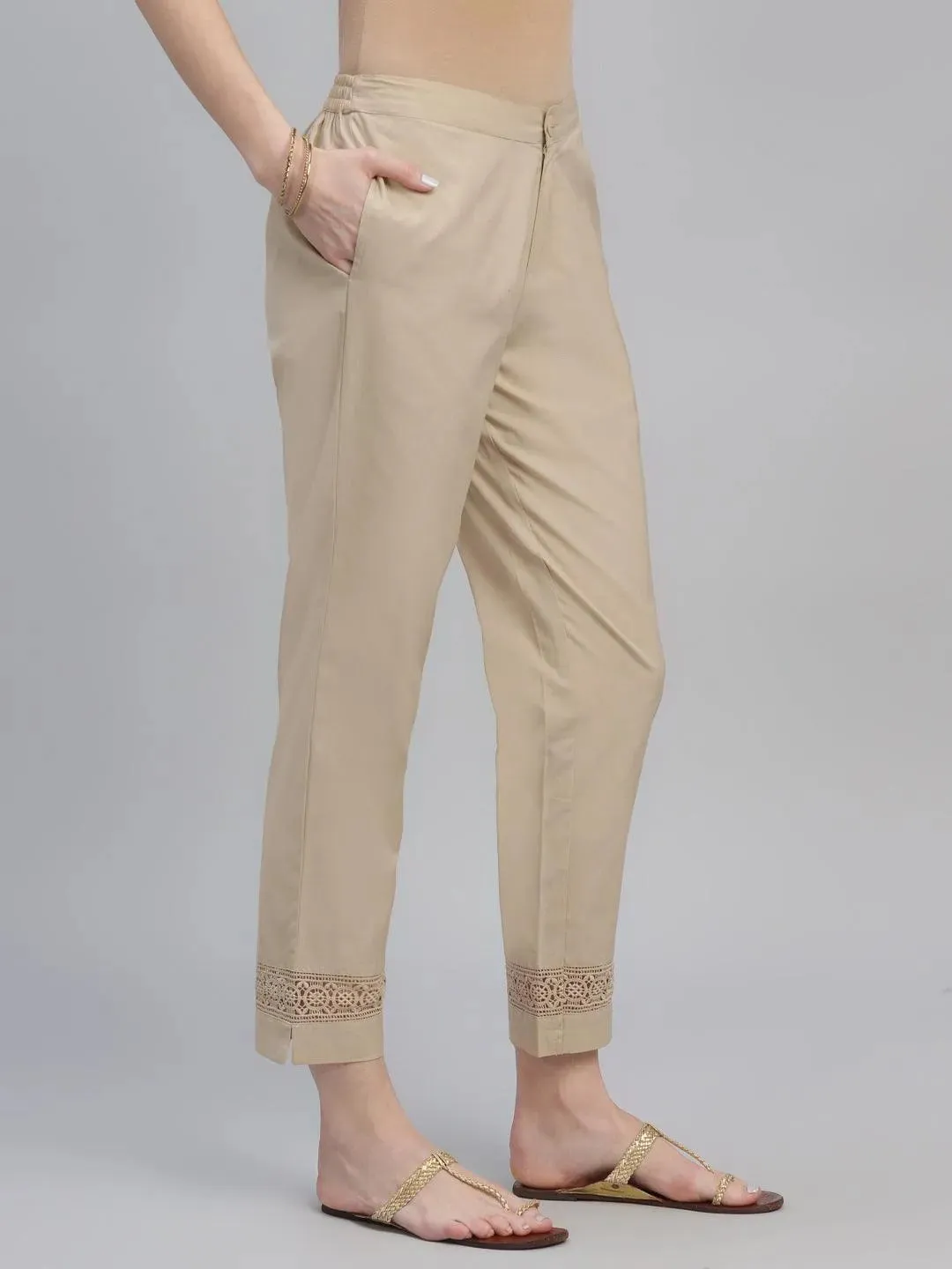 Beige Solid Cotton Trousers