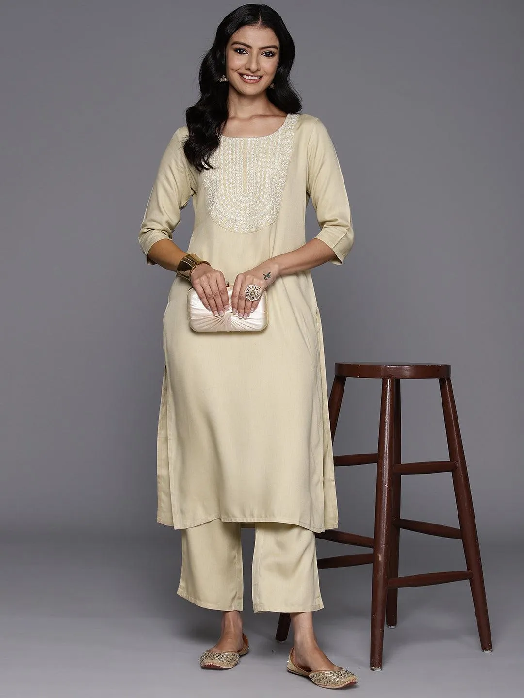 Beige Yoke Design Wool Blend Straight Kurta Set