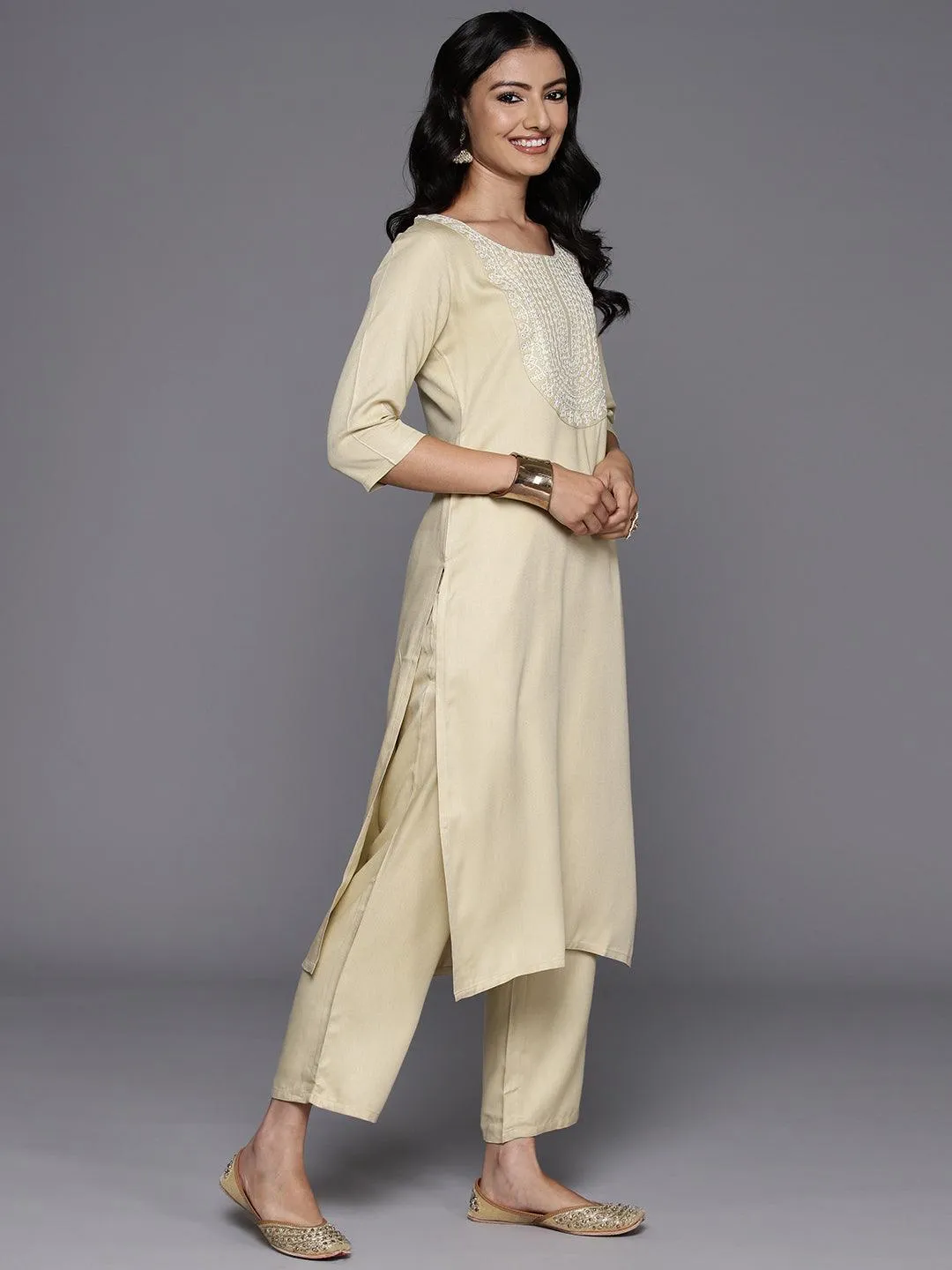 Beige Yoke Design Wool Blend Straight Kurta Set