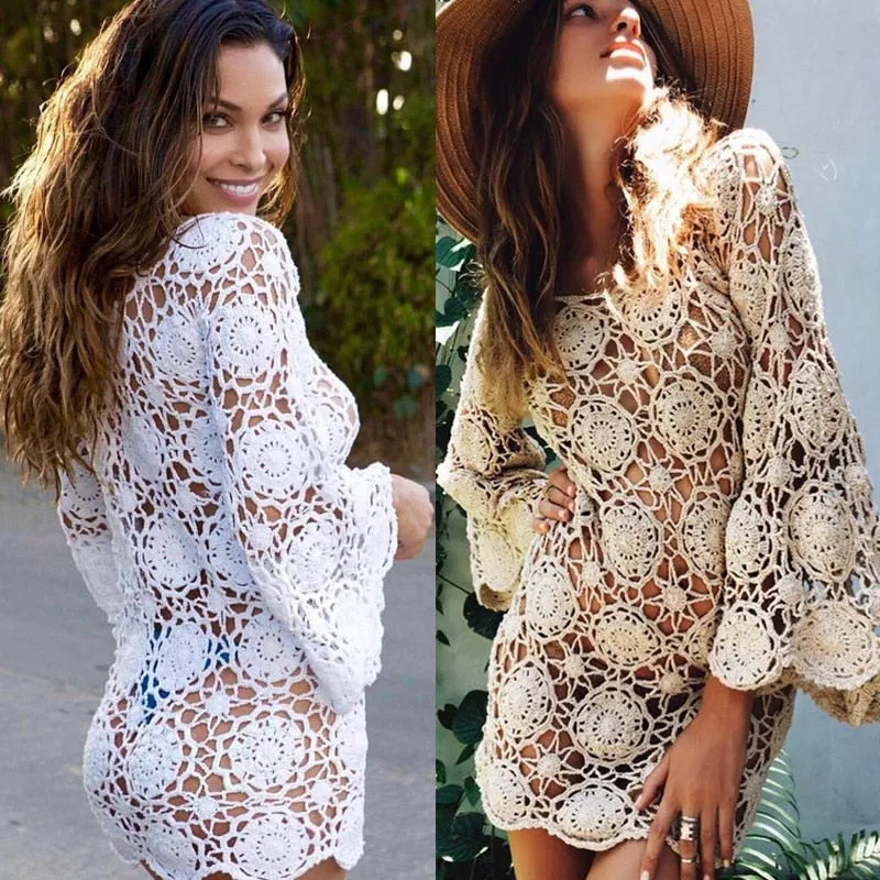 Bell Sleeve Crochet Dress White Beige Or Pink You Choose Swimsuit Cover Up Or Mini For Free Festival Bohemian Gypsy People Available In Small Medium Or Large