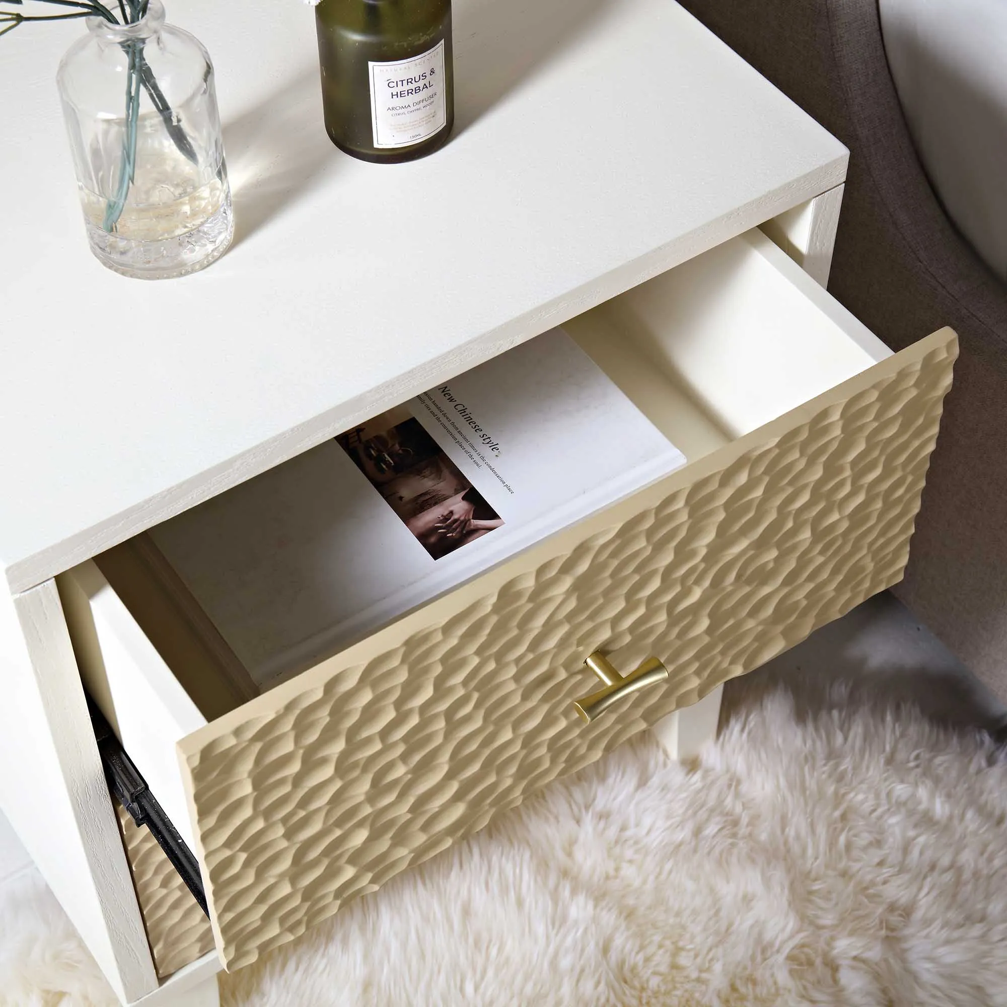 Bianca Chip Carved Bedside Table, Sand Beige & Ivory