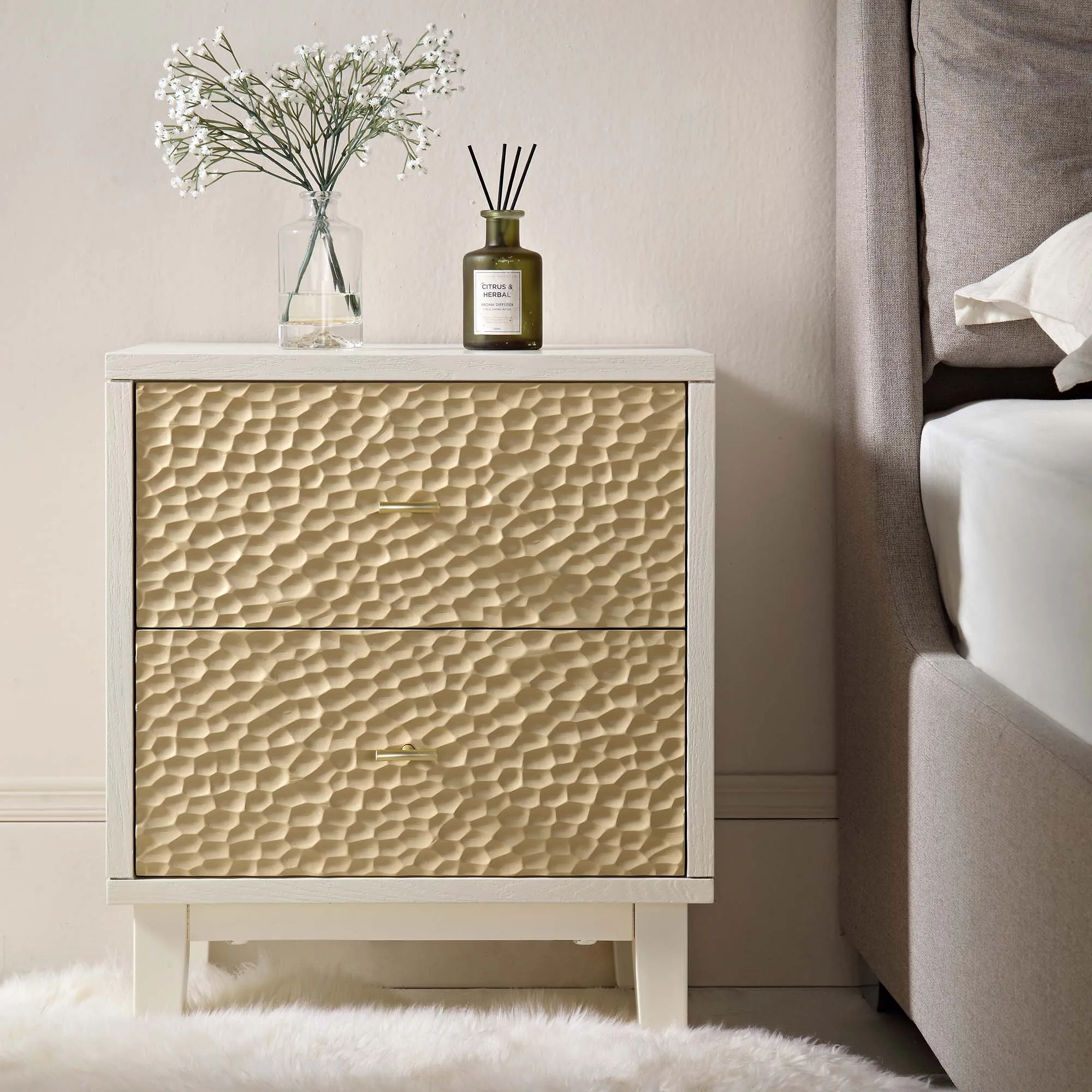 Bianca Chip Carved Bedside Table, Sand Beige & Ivory