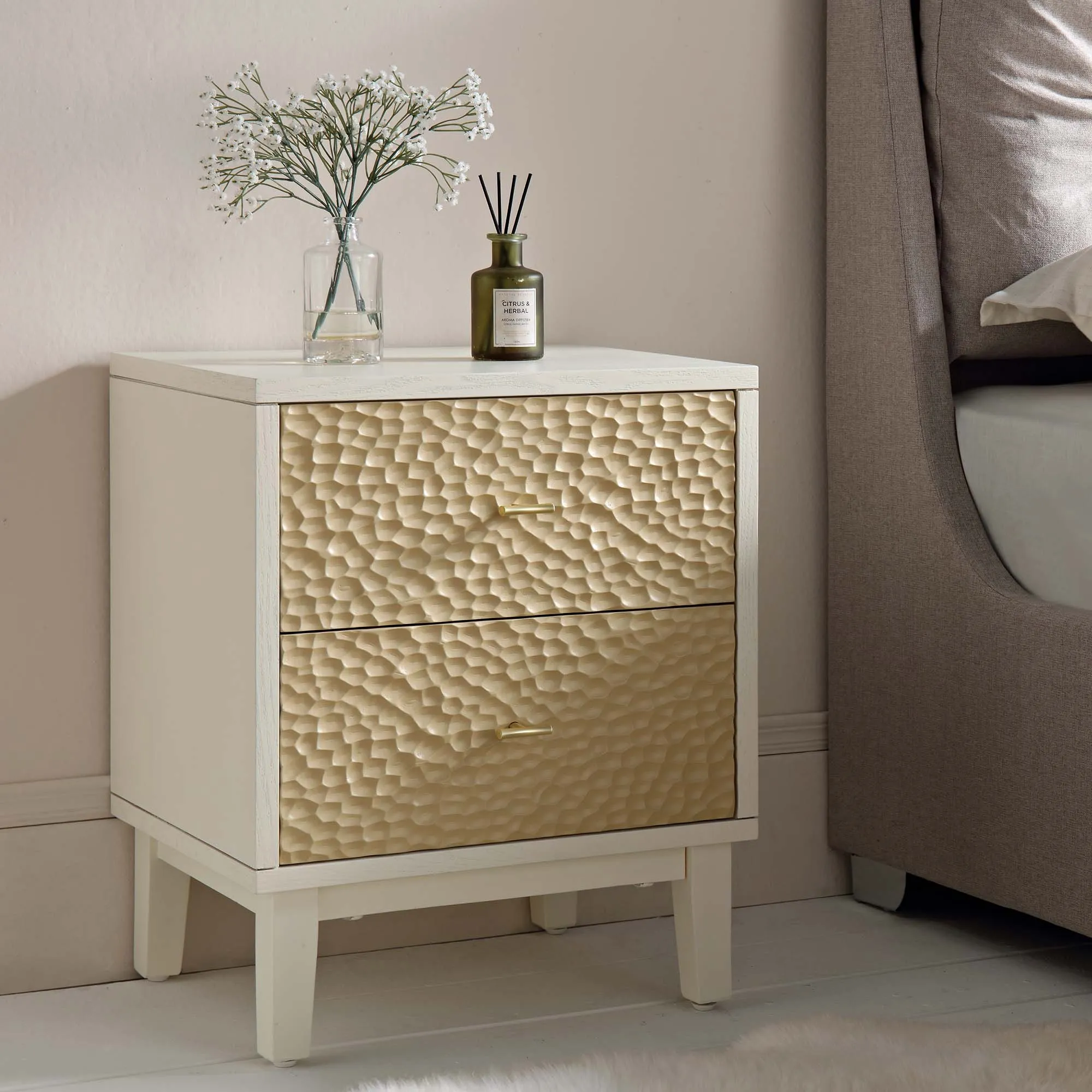 Bianca Chip Carved Bedside Table, Sand Beige & Ivory