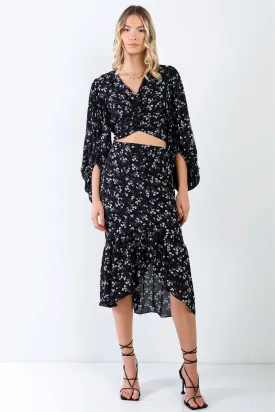 Black & White Floral Twist Detail Puff Balloon Midi Sleeve Top & Button Up Ruffle Hem High-Low Midi Skirt Set /2-1-1