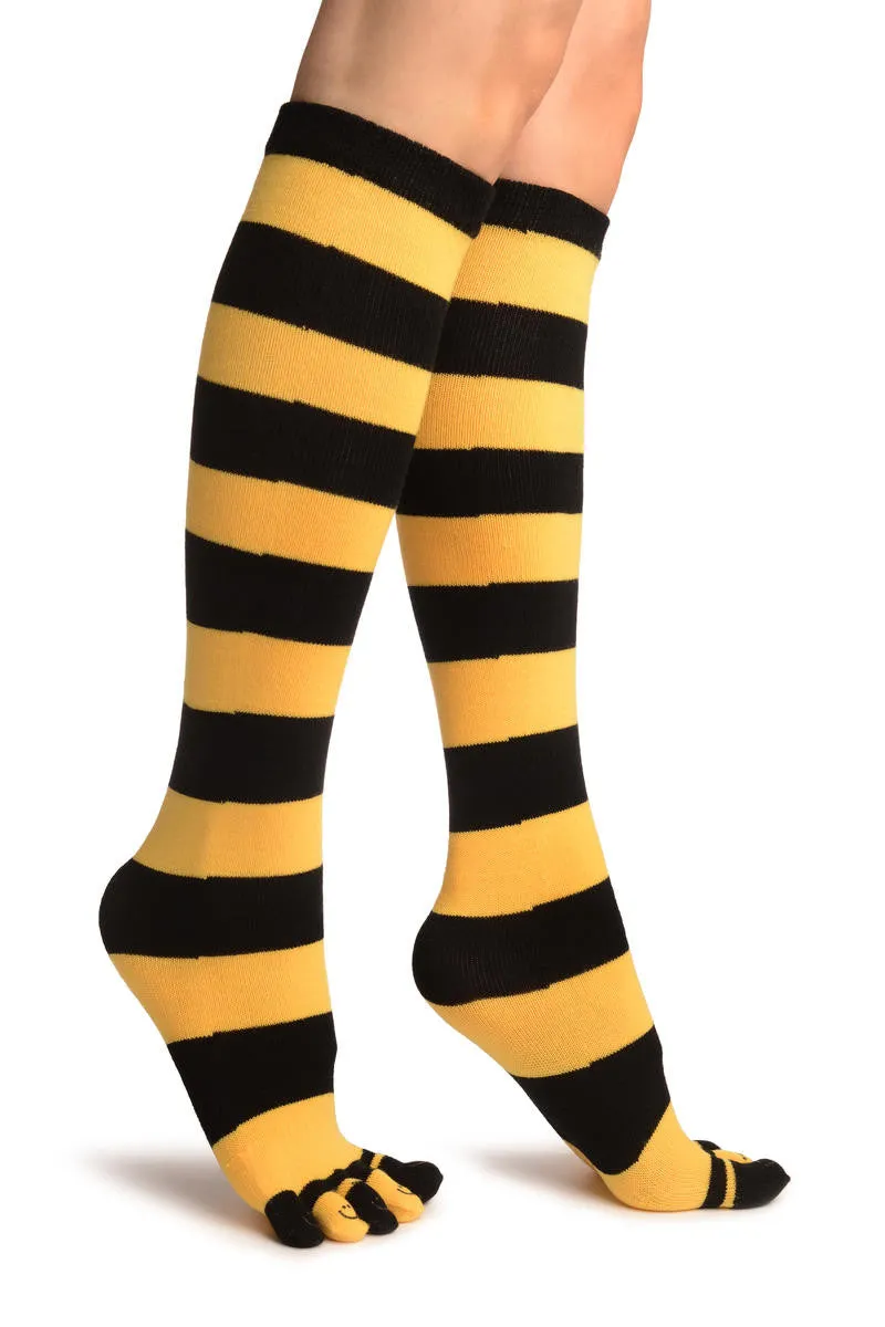 Black & Yellow Stripes & Printed Smiles Knee High Toe Socks