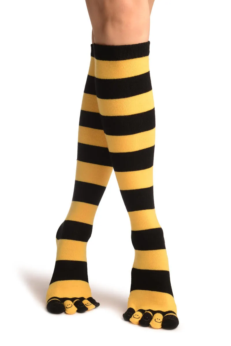 Black & Yellow Stripes & Printed Smiles Knee High Toe Socks