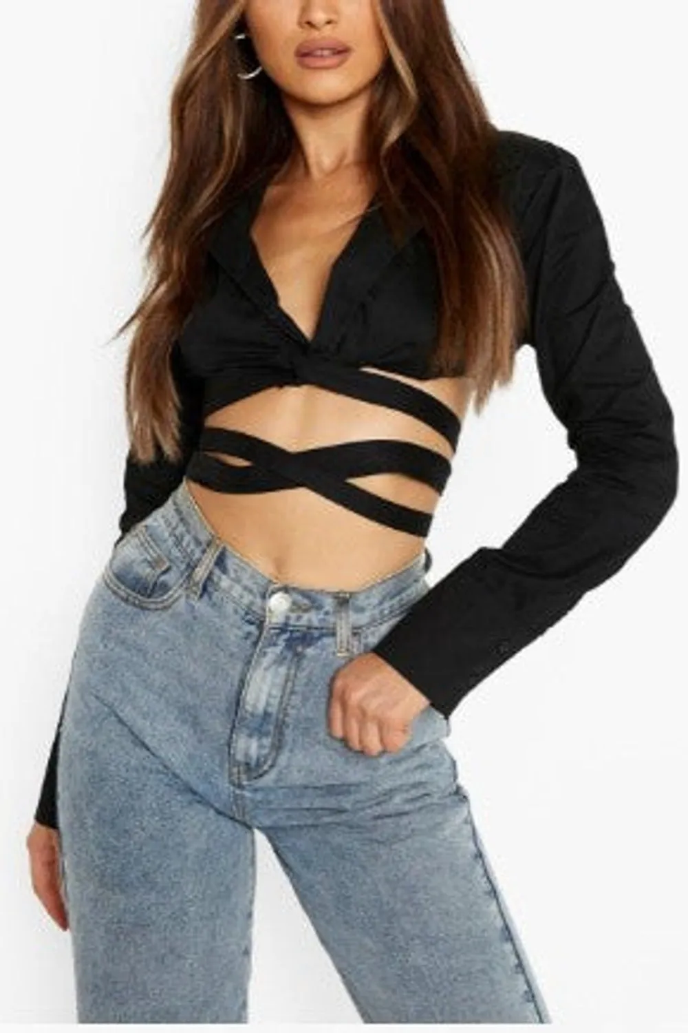 Black Cotton Poplin Tie Waist Cropped Shirt