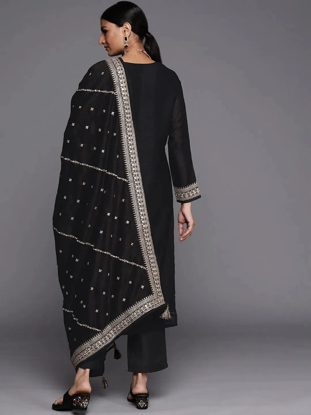 Black Embroidered Silk Blend Straight Kurta With Dupatta