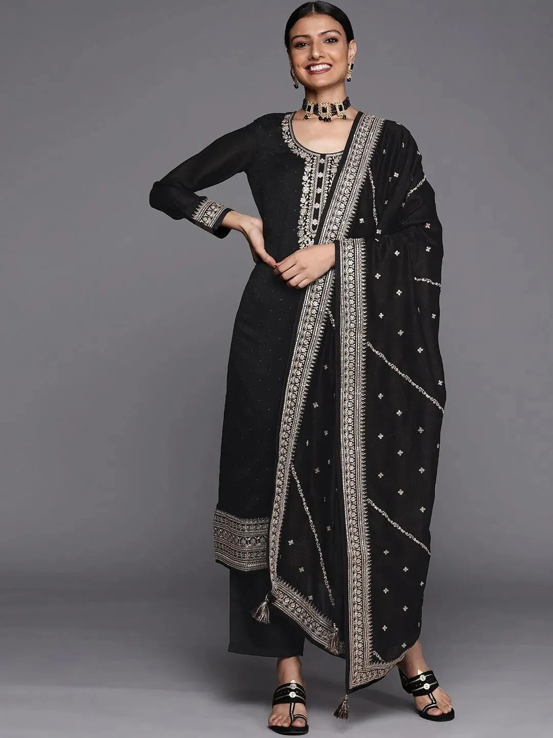 Black Embroidered Silk Blend Straight Kurta With Dupatta