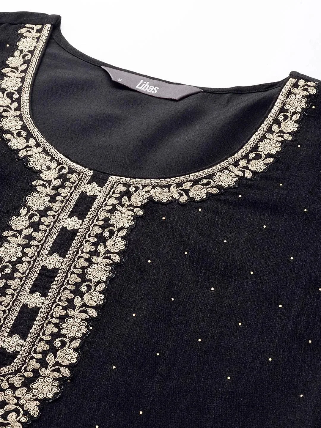 Black Embroidered Silk Blend Straight Kurta With Dupatta