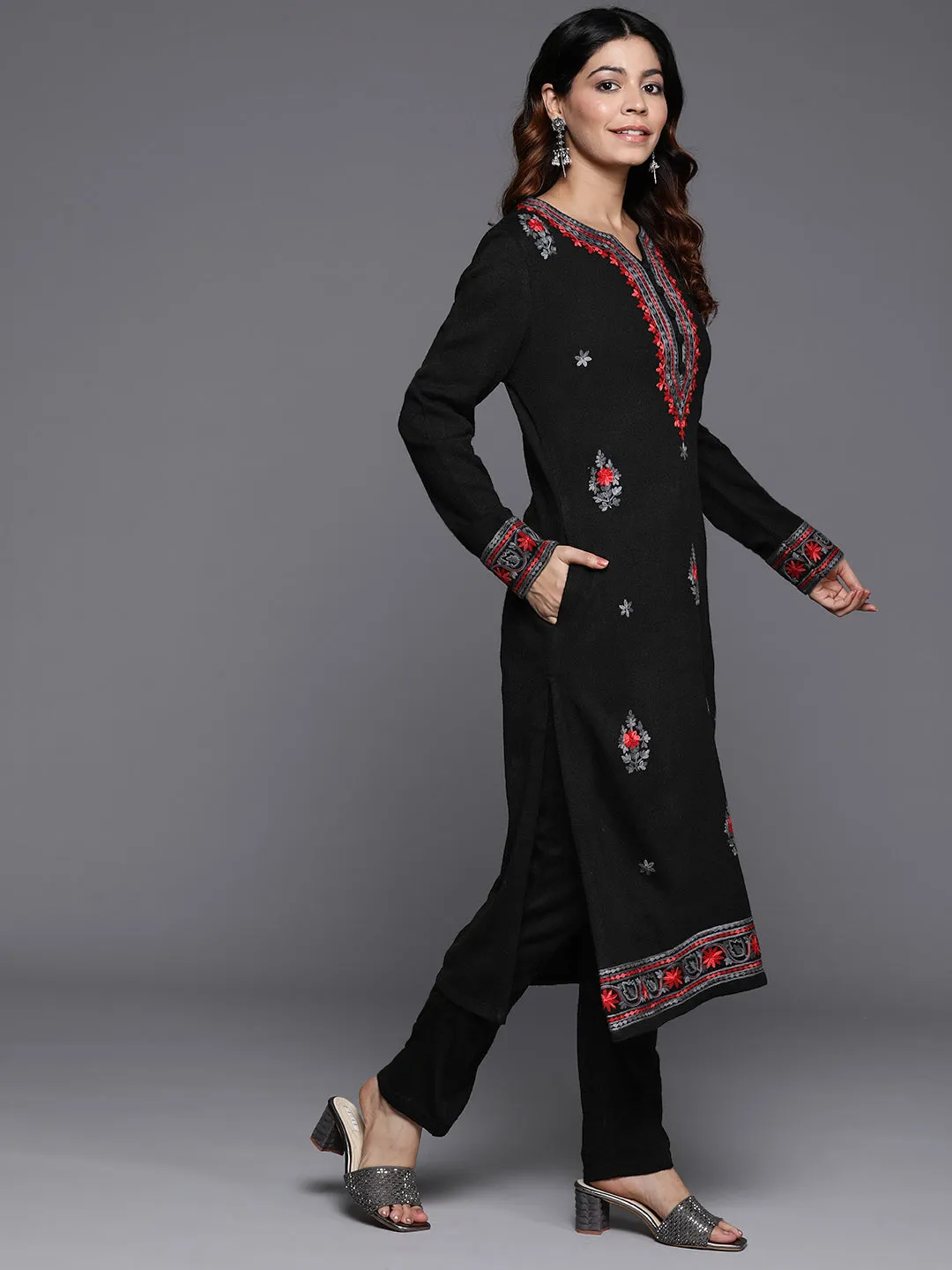 Black Embroidered Wool Straight Kurta Set