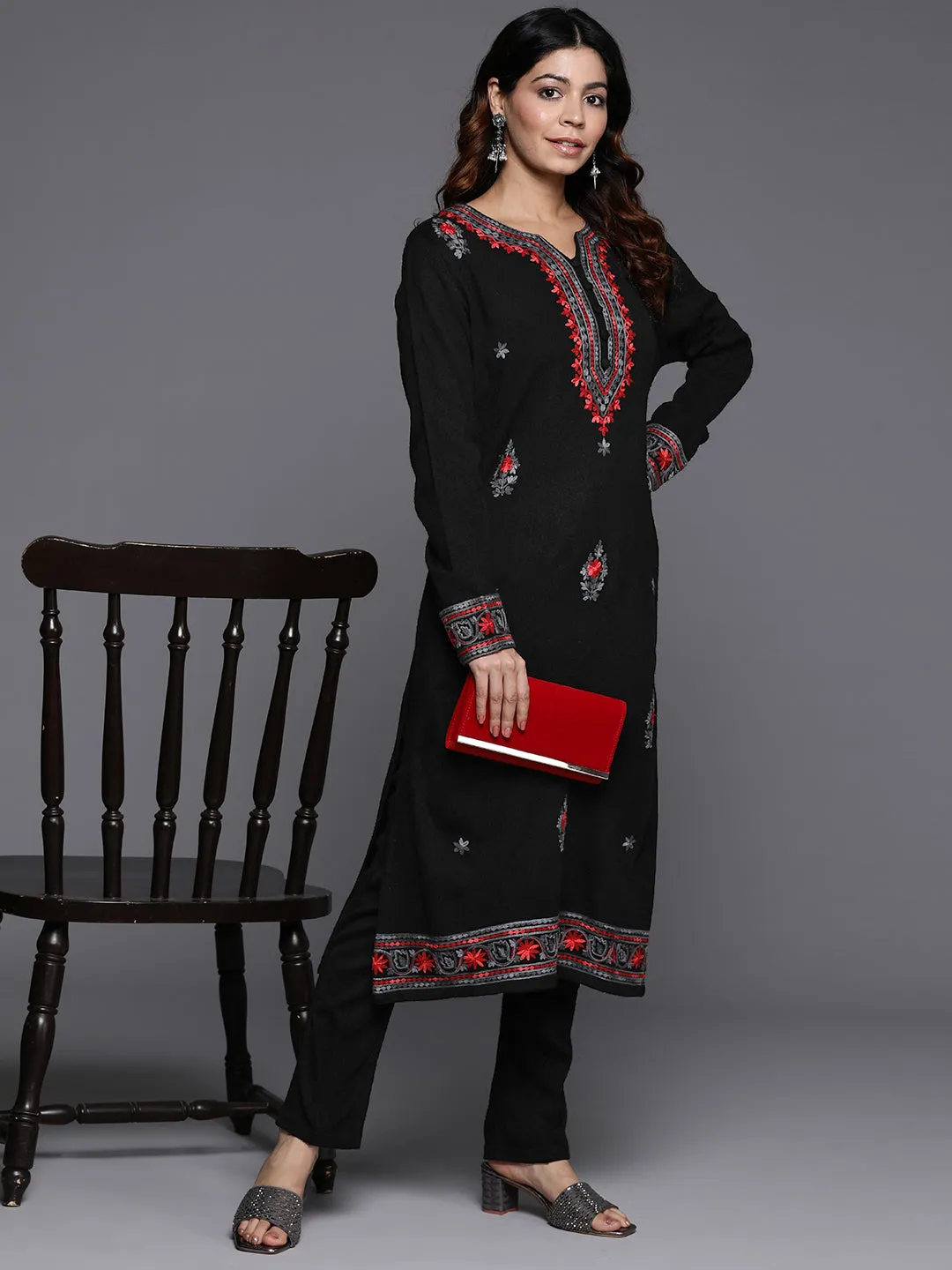 Black Embroidered Wool Straight Kurta Set